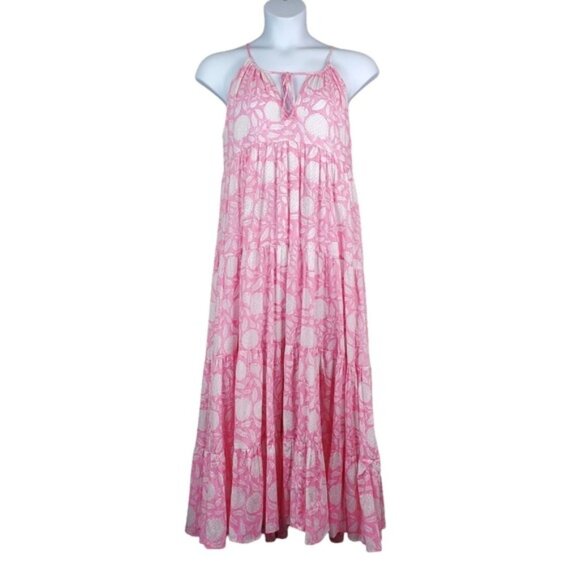 Yatra Womens Sleeveless Pink White Floral Print Tiered Maxi Dress Size L - Picture 1 of 7
